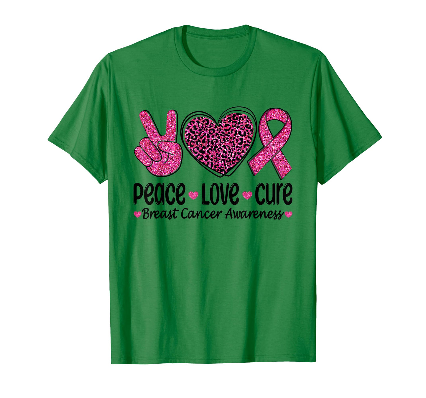 Peace Love Cure Leopard Heart Ribbon Breast Cancer Awareness T-Shirt