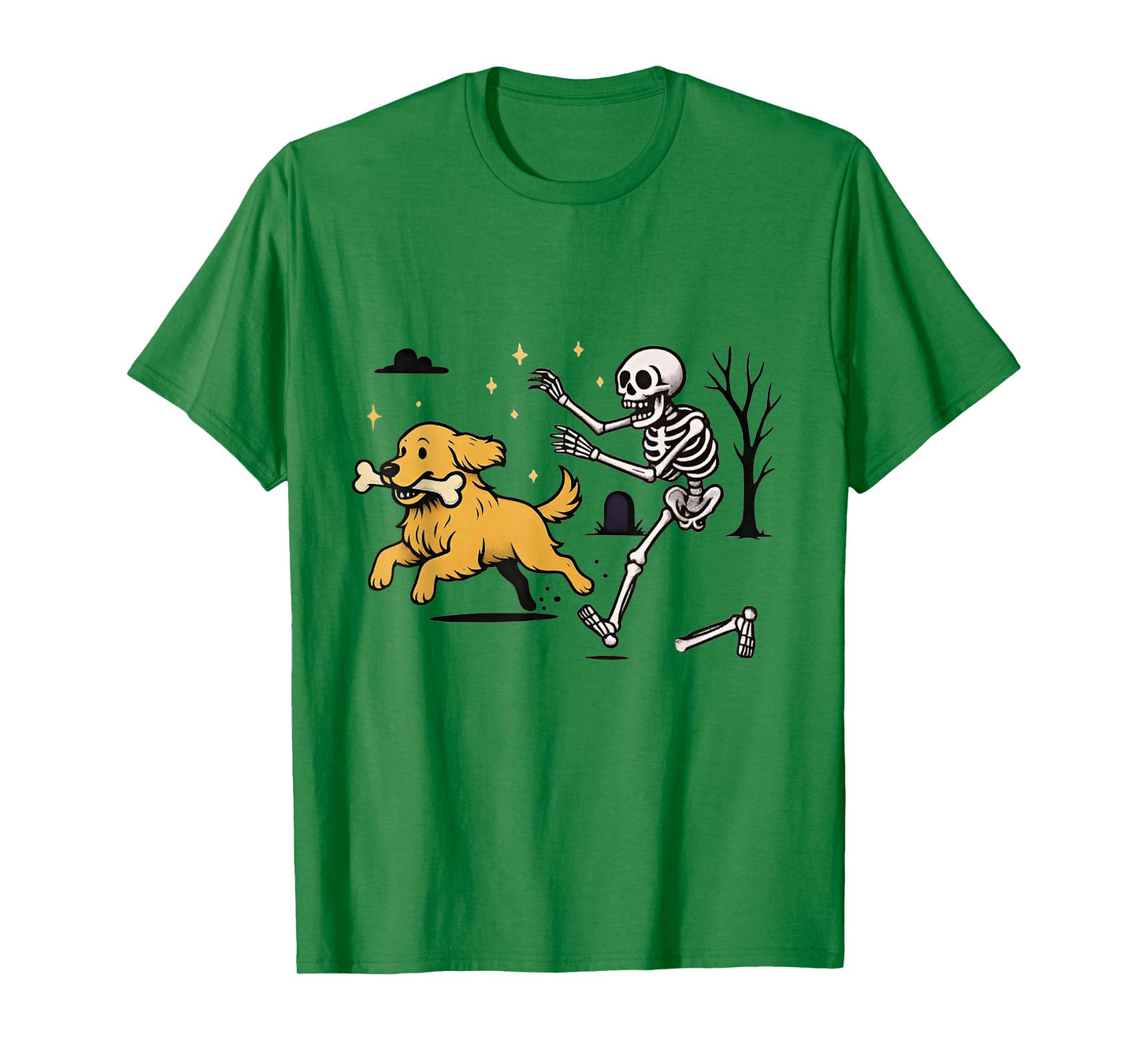 Skeleton Chasing Golden Retriever Funny Skeleton Halloween T-Shirt