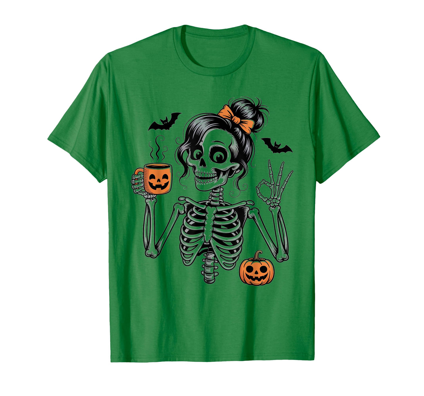 Halloween Skeleton Messy Bun Coffee Pumpkin Bat Costume Mom T-Shirt