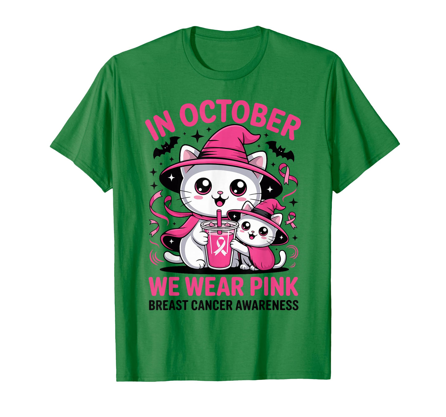 Breast Cancer Halloween Cat in October We Wear Pink T-Shirt