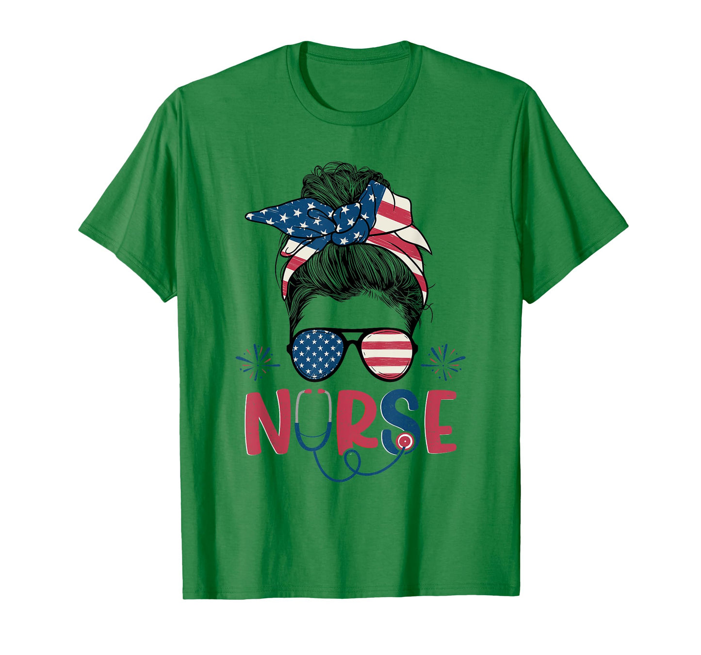 American Flag Patriotic Nurse Messy Bun 4th Of July Nurse T-Shirt for Women Kids Men