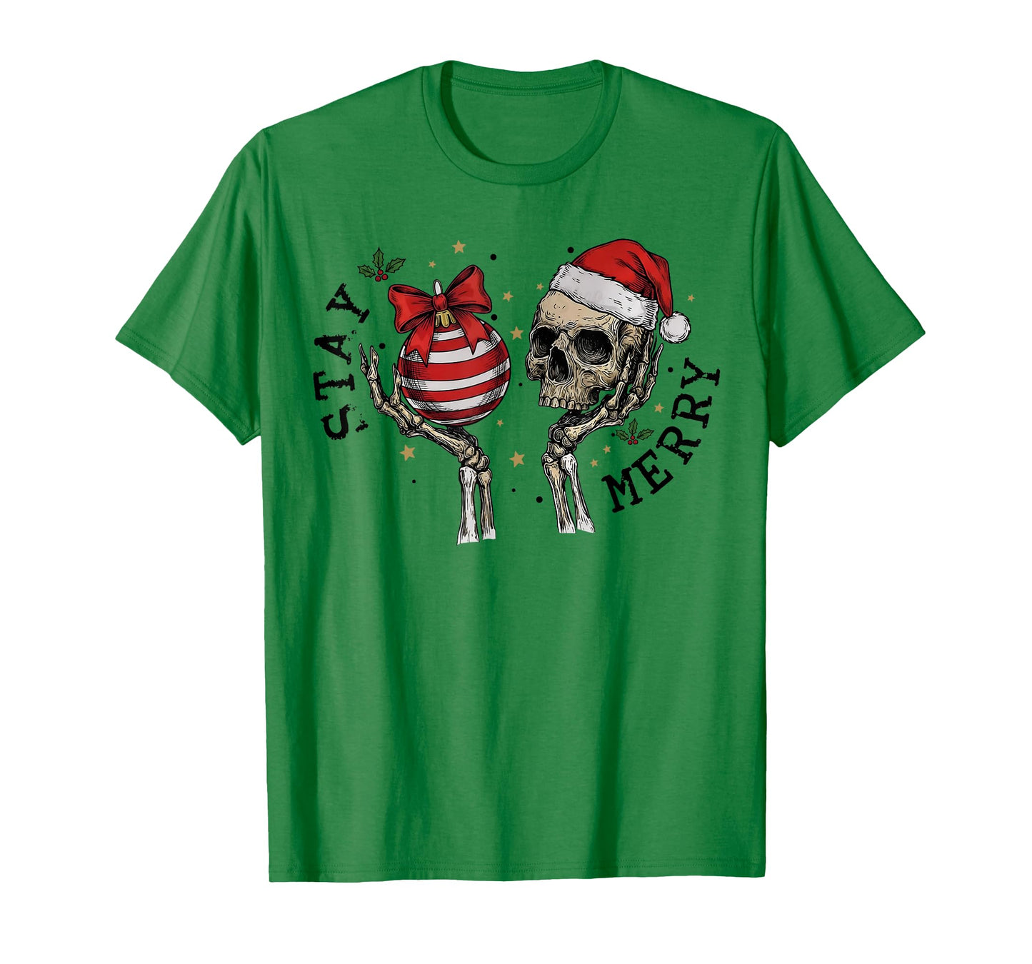 Retro Stay Merry Skeleton Santa Christmas Xmas Pajamas T-Shirt