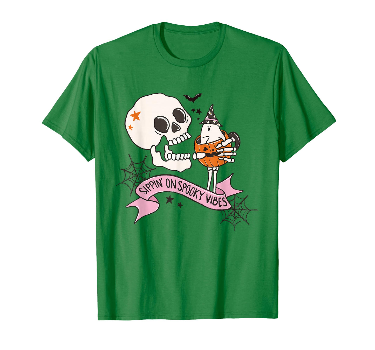 Sippin On Spooky Vibes Skull Ghost Pumpkin Coffee Halloween T-Shirt