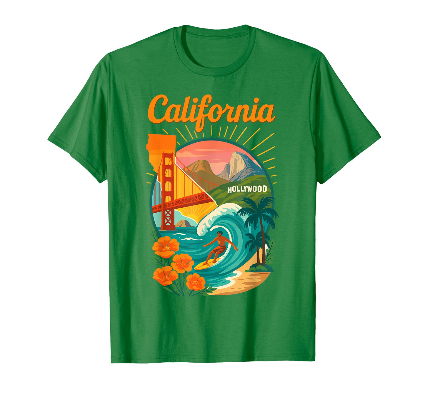 California Surfer Gate Poppies Sunset Travel T-Shirt