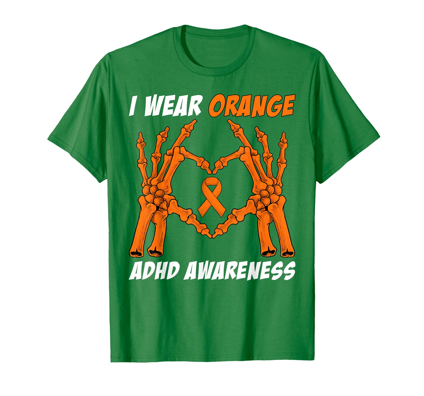 I Wear Orange ADHD Awareness Skeleton Hand Heart Halloween T-Shirt