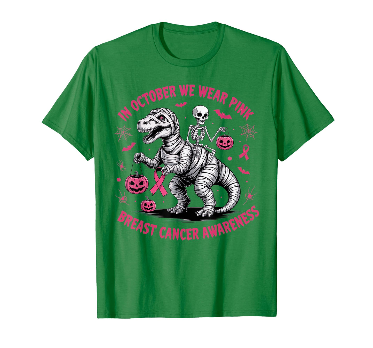in October We Wear Pink Dinosaur Skeleton Breast Cancer T-Shirt