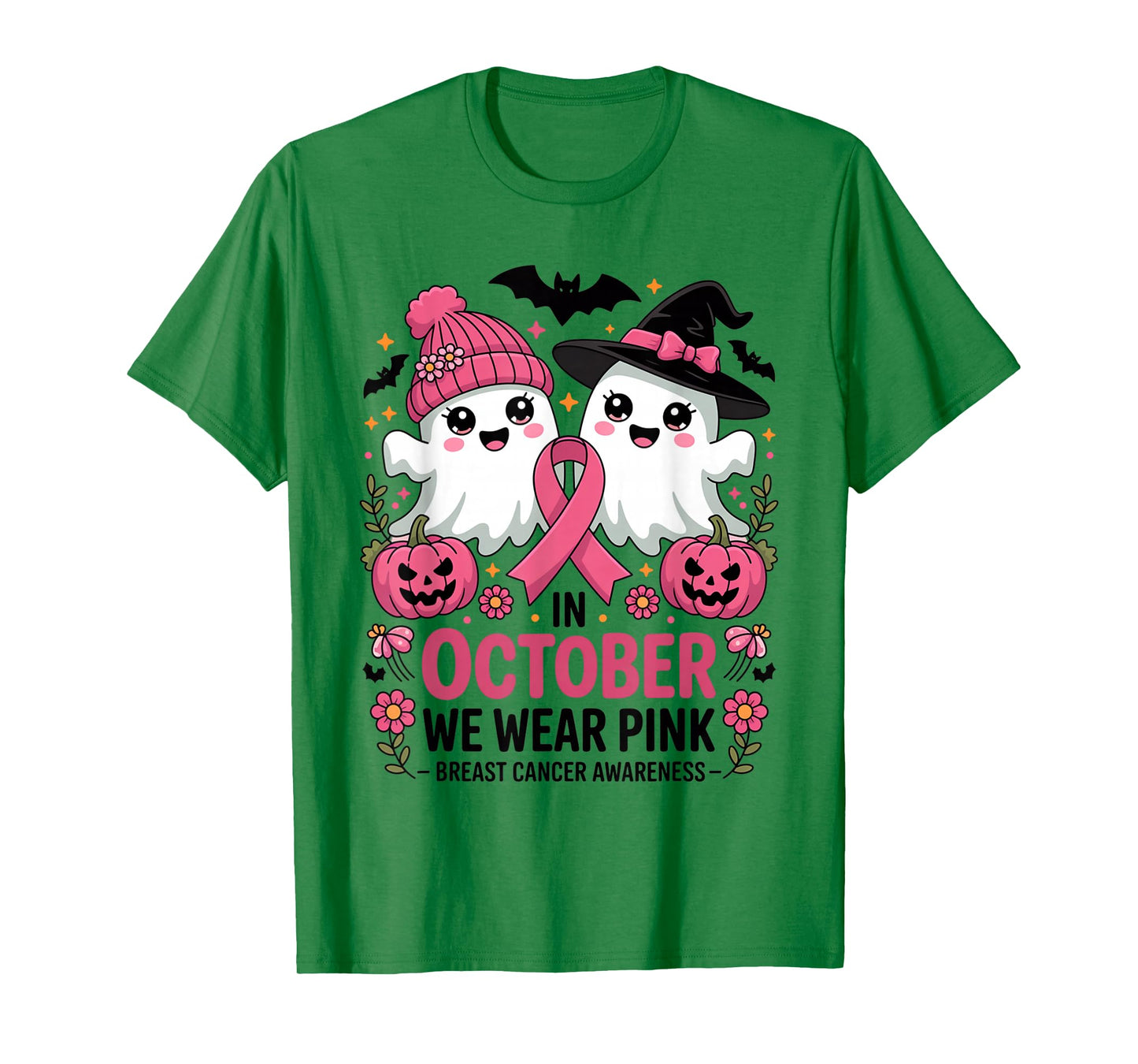 in October We Wear Pink Ghost Witch Breast Cancer Awareness T-Shirt