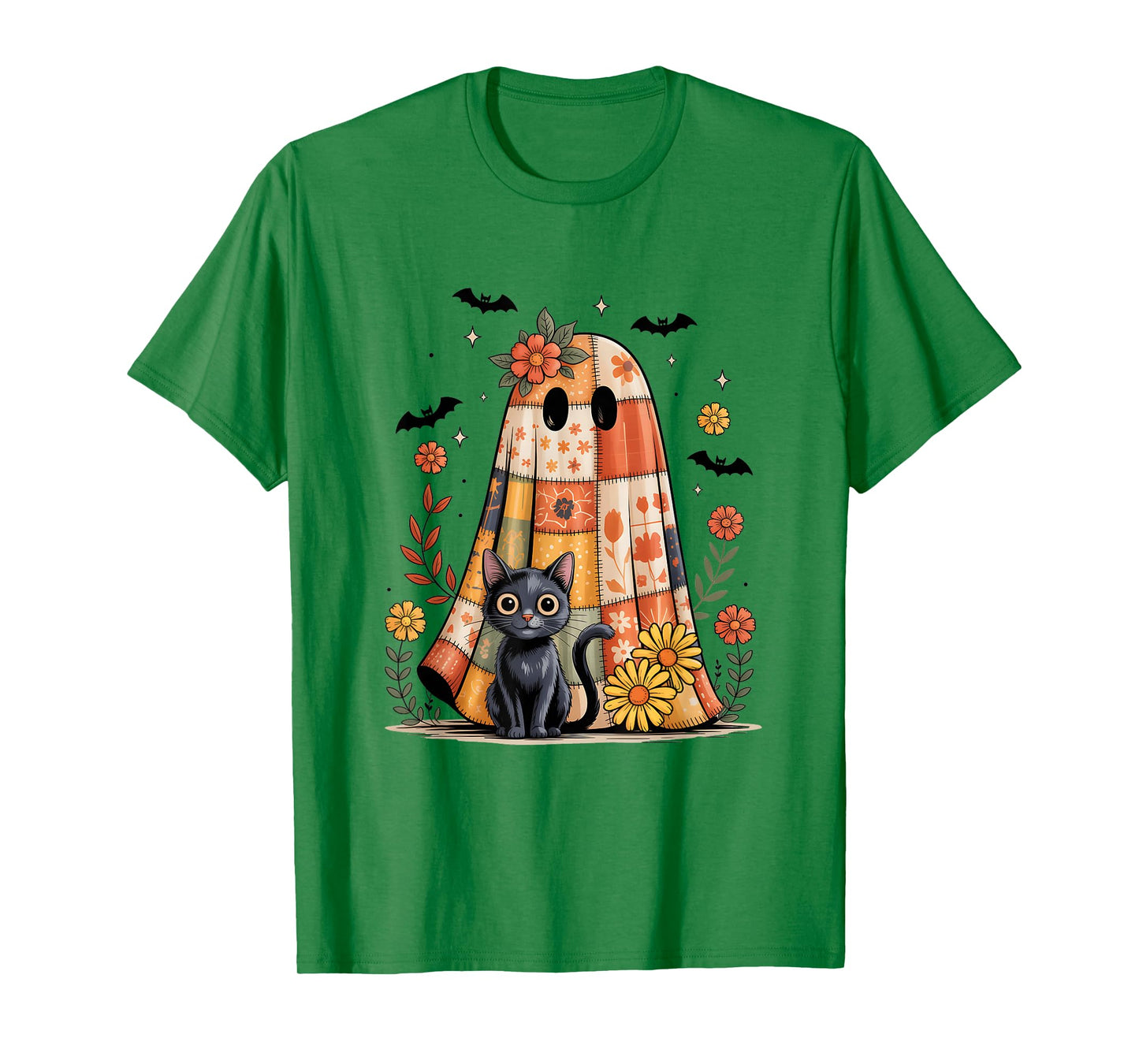 Patchwork Halloween Ghost and Cat Png Retro Spooky Floral T-Shirt