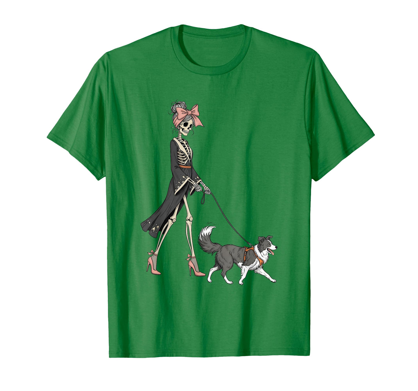 Skeleton Border Collie Dog Walking Halloween Women T-Shirt