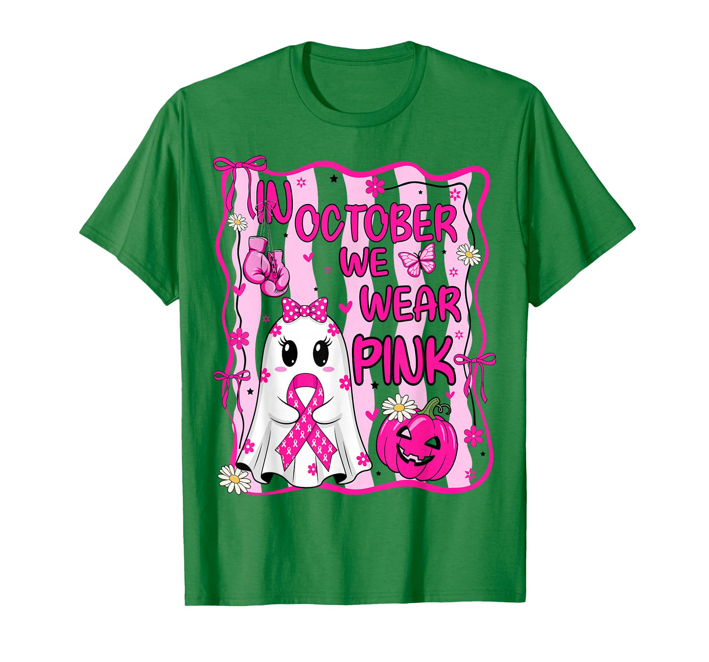 October We Wear Pink Breast Cancer Ghost Halloween Pumpkin T-Shirt