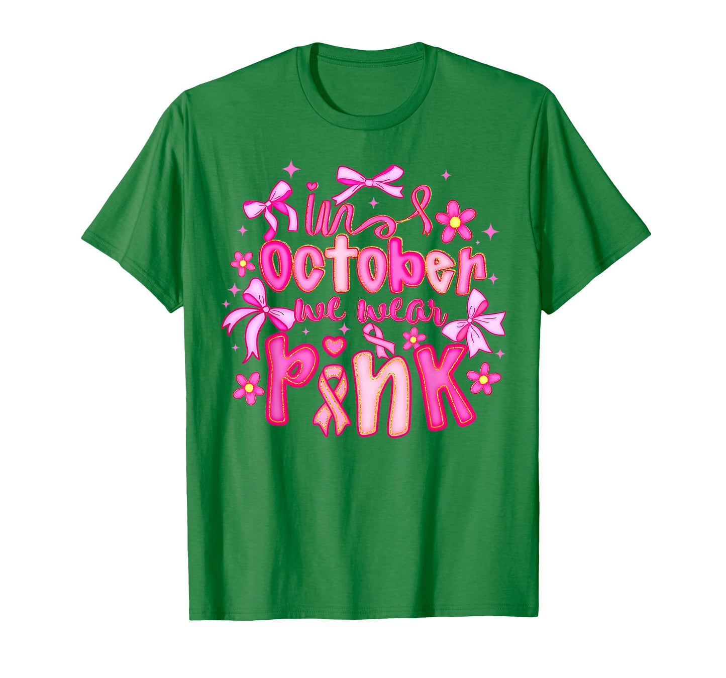 in October We Wear Pink Coquette Bow Breast Cancer Awareness T-Shirt