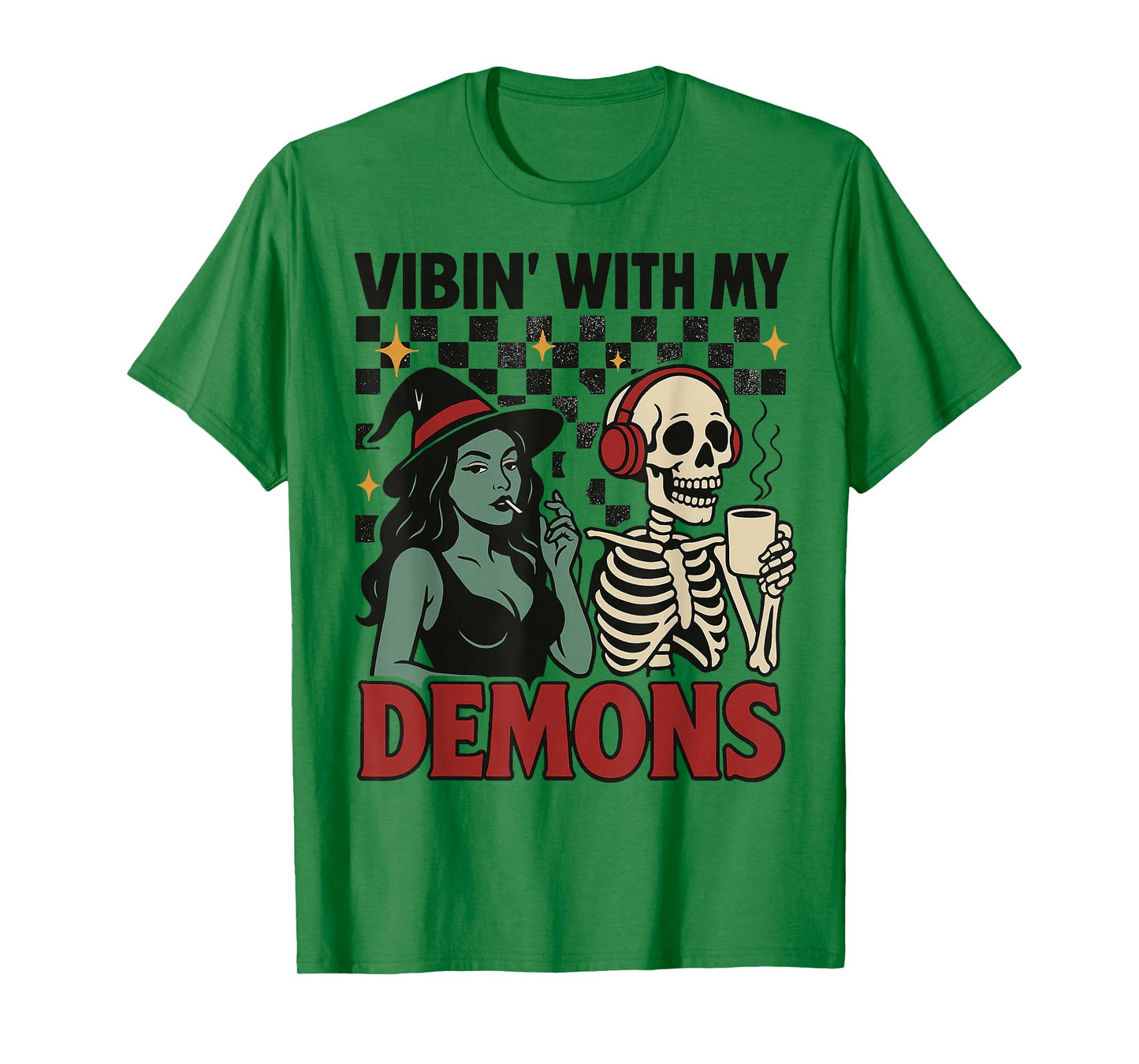 Vibin' with My Demons, Retro Witch and Skeleton Halloween T-Shirt