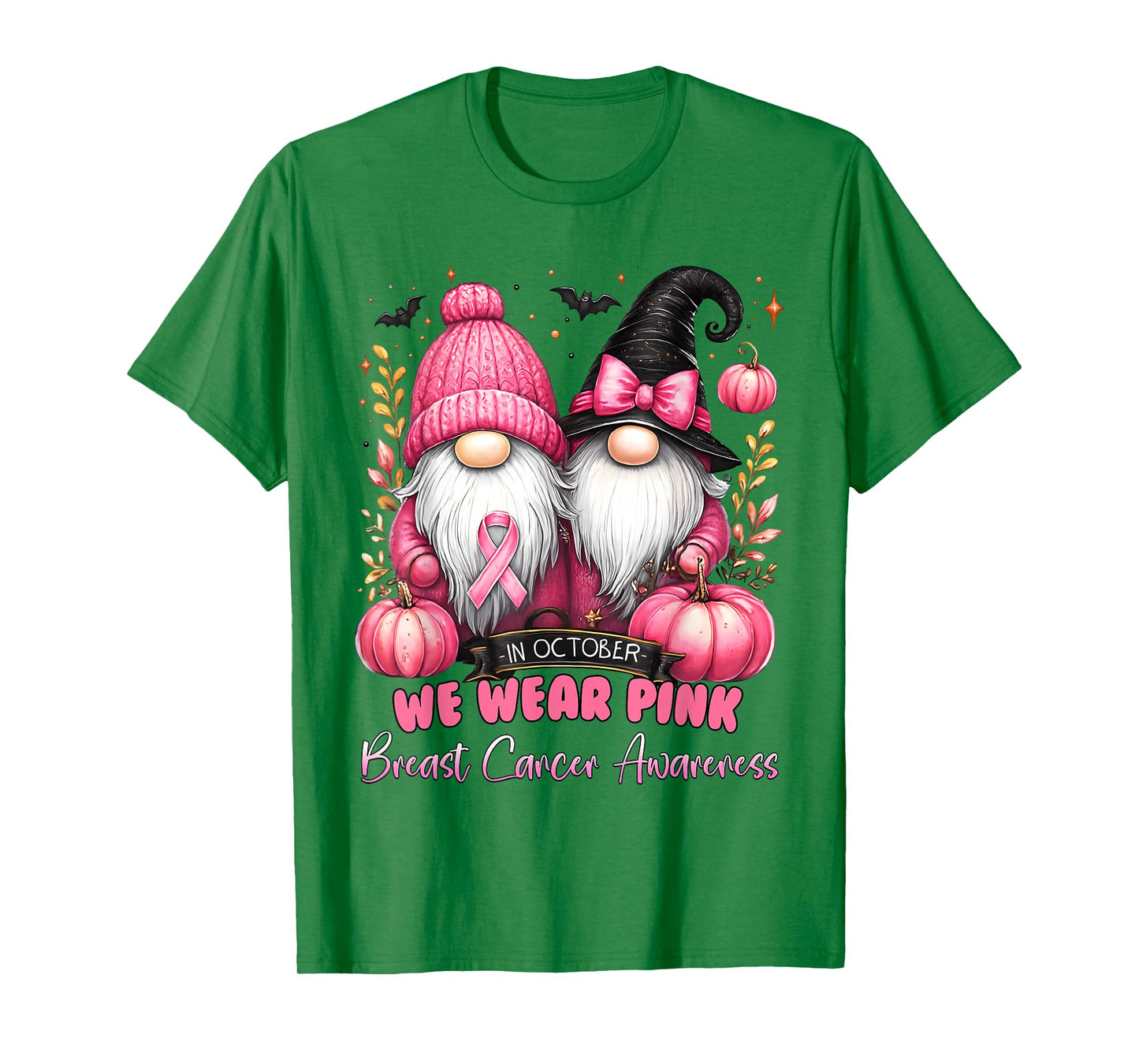 in October We Wear Pink Ribbon Gnome Breast Cancer Awareness T-Shirt