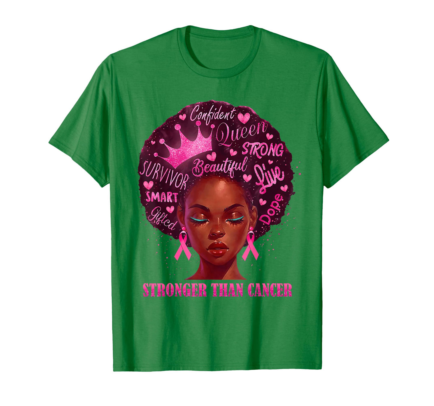 Black Women Queen Stronger Than Breast Cancer Pink Ribbon T-Shirt