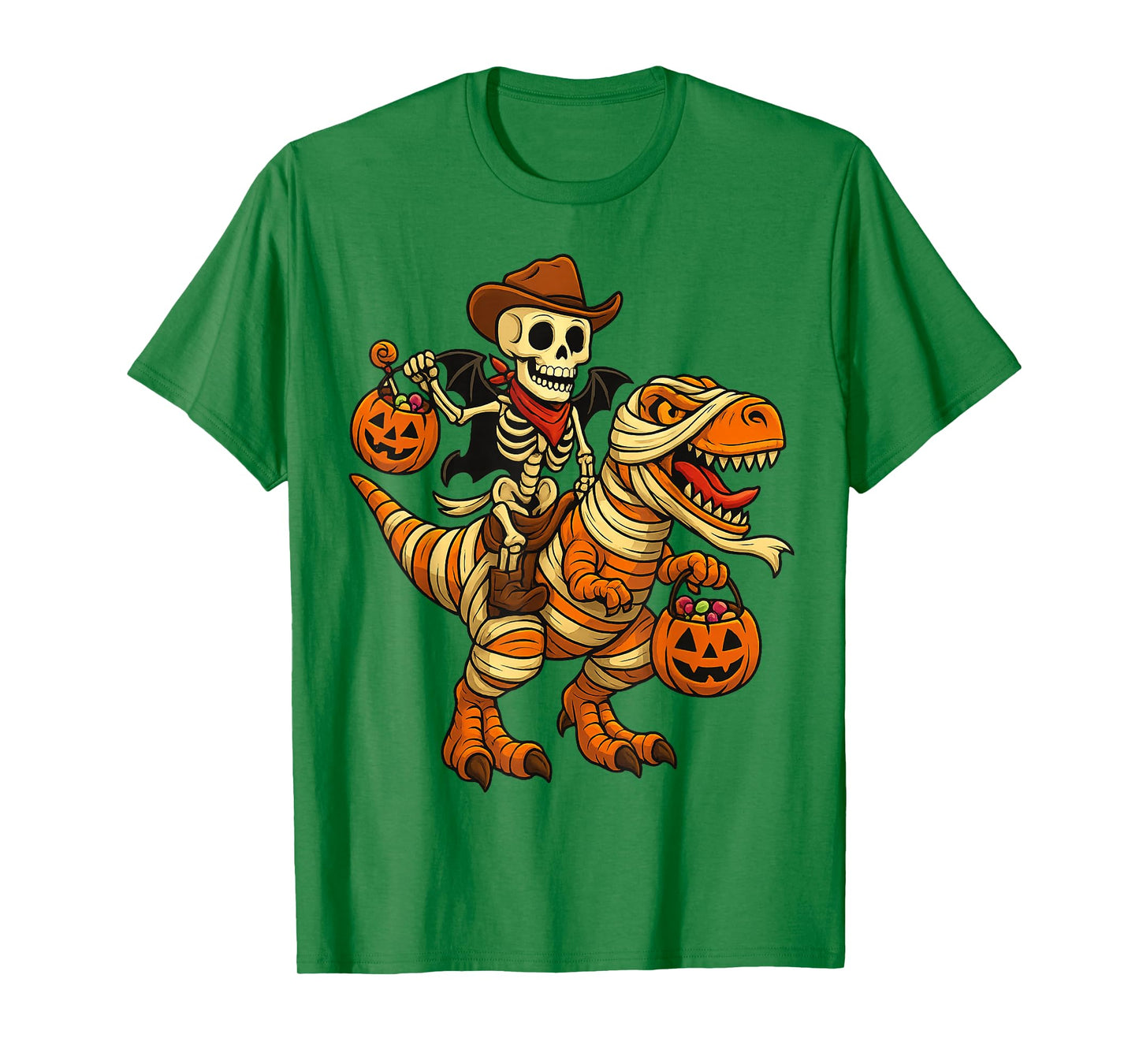 Skeleton Riding Mummy Dinosaur T rex Halloween Funny Pumpkin T-Shirt