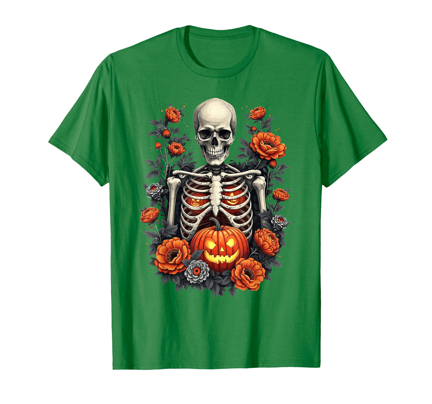 Retro Skeleton Floral Ribcage Pumpkin Fall Halloween Costume T-Shirt