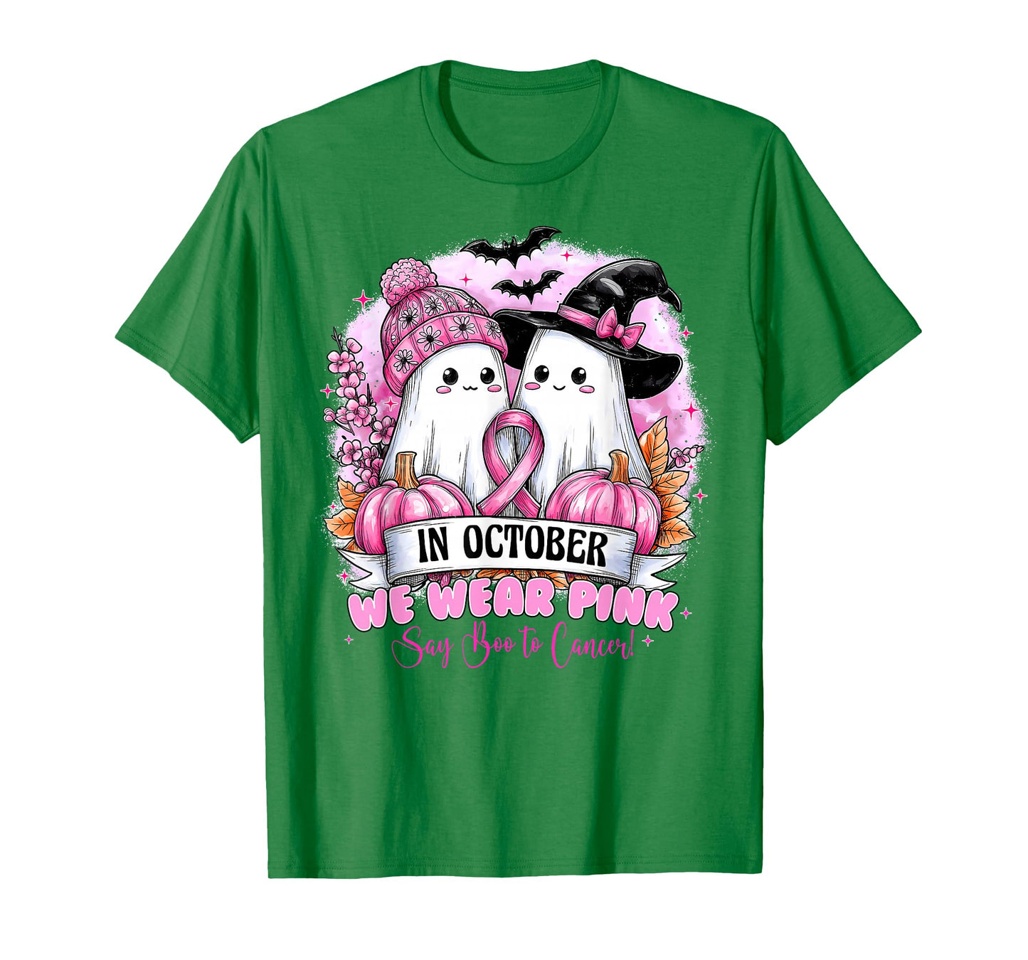in October We Wear Pink Ghost Halloween Breast Cancer Women T-Shirt