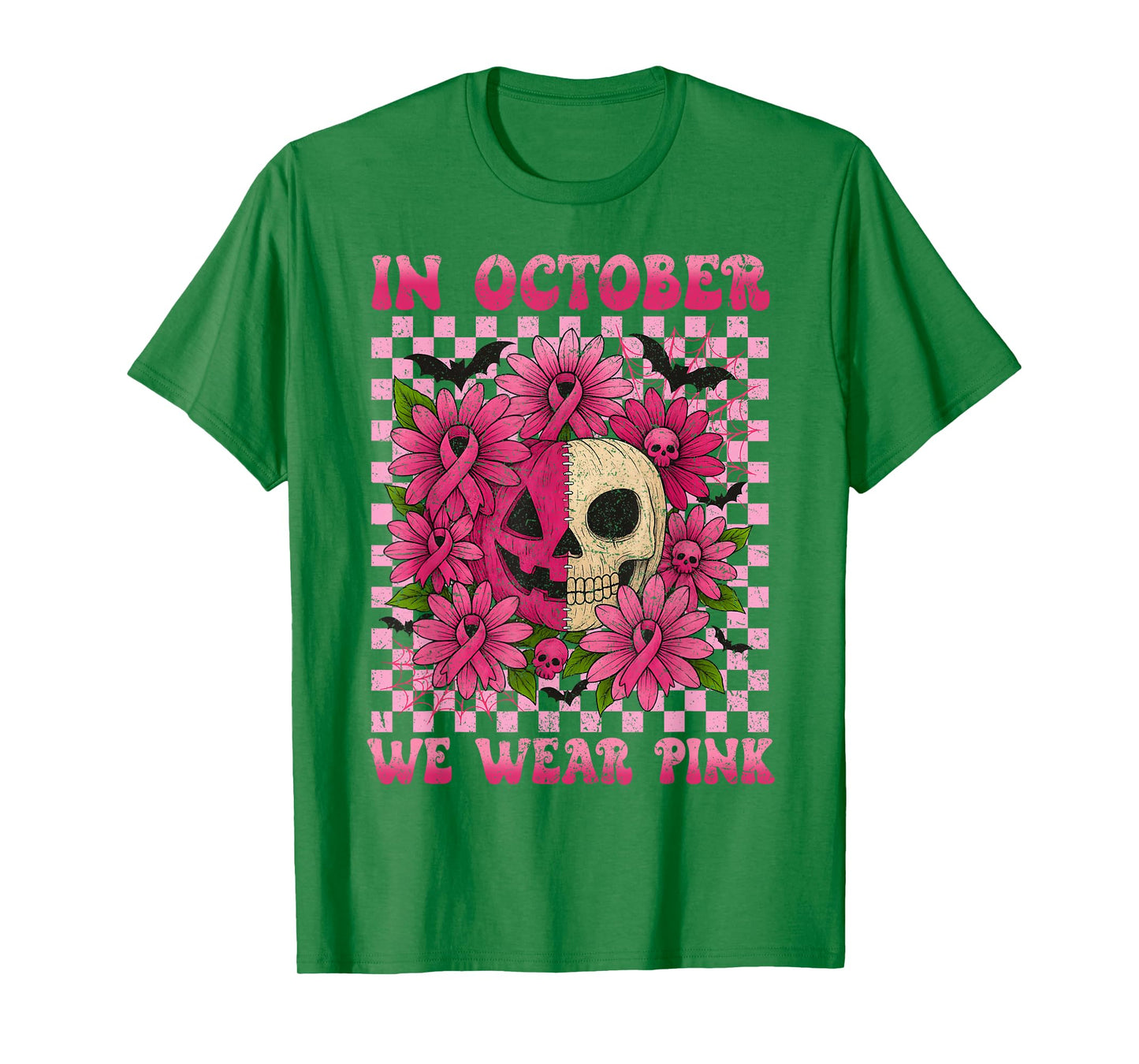 October We Wear Pink Breast Cancer Skull Jack O Latern T-Shirt