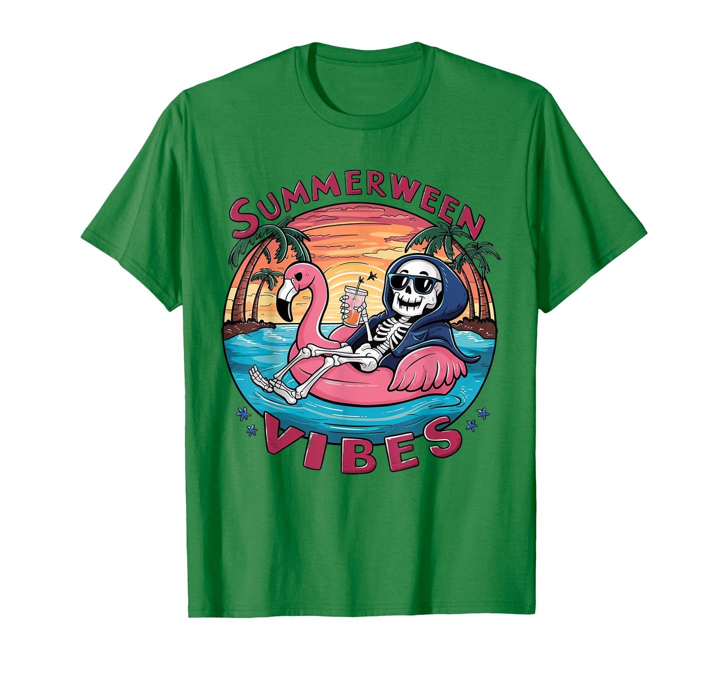 Summerween Vibes Halloween Summer Fun Flamingo Skeleton T-Shirt