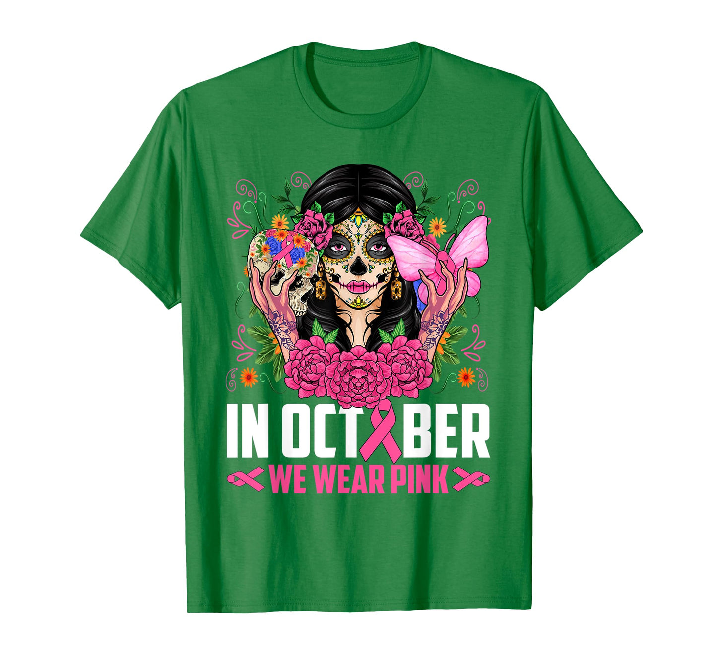 In October Wear Pink Sugar Skull Breast Cancer Halloween Day T-Shirt