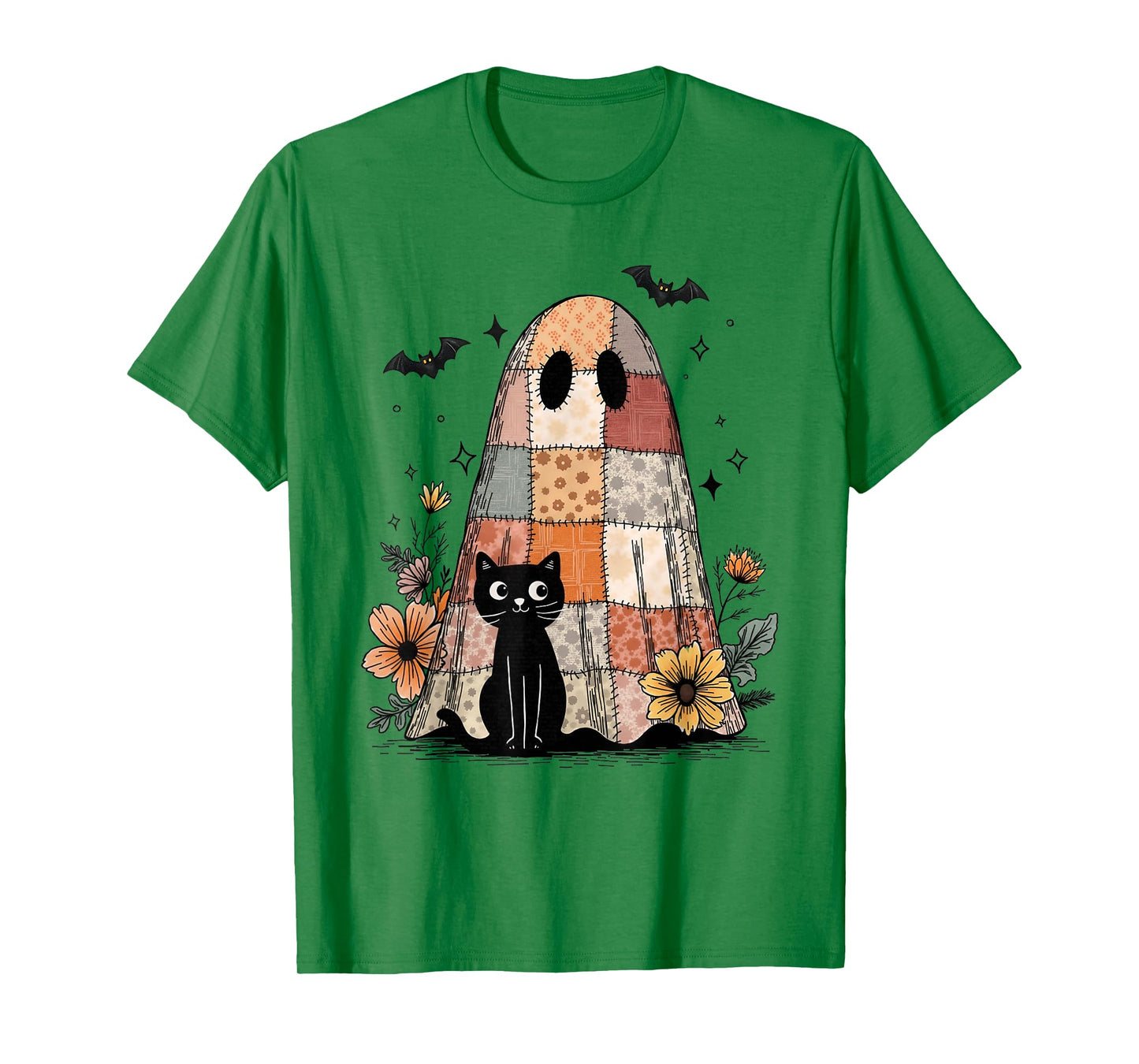 Preppy Retro Floral Patchwork Ghost and Black Cat Halloween T-Shirt