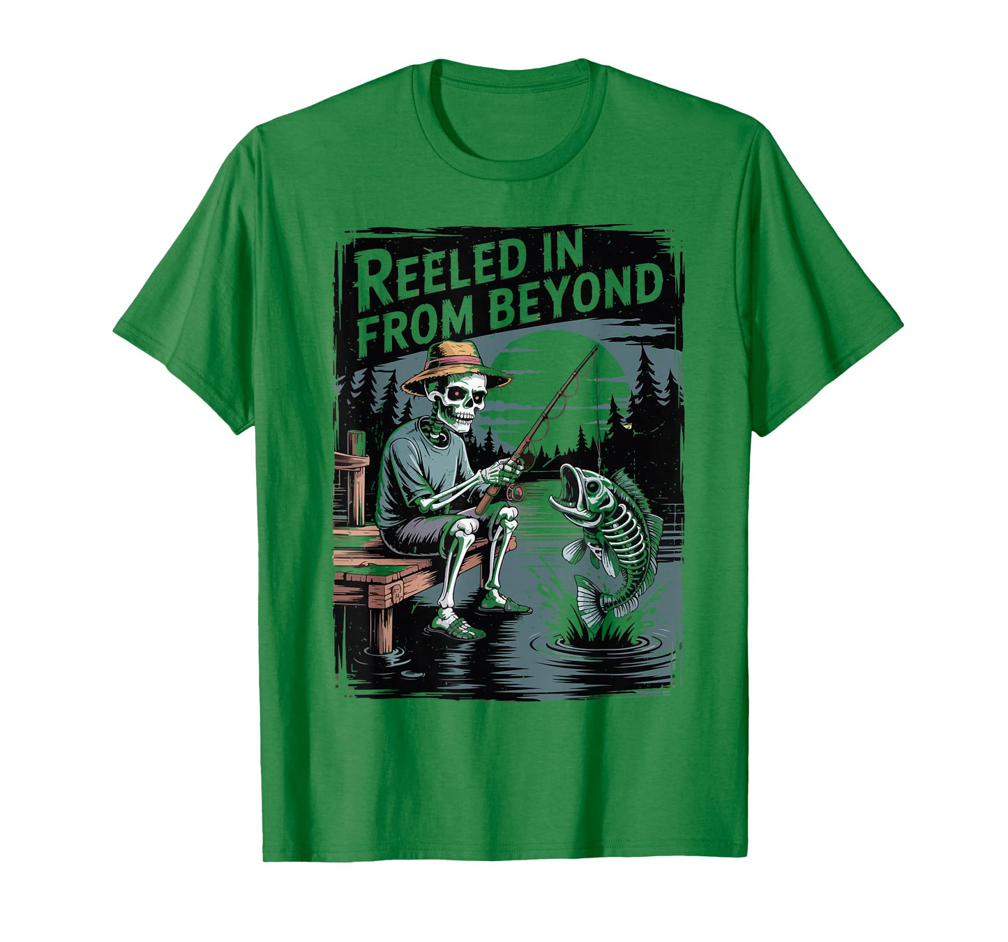 Reeled Beyond Skeleton Fishing Halloween Bass Fish Dad Funny T-Shirt