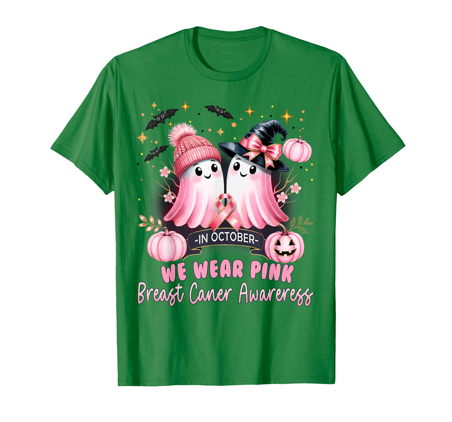 in October We Wear Pink Ghost Witch Breast Cancer Awareness T-Shirt