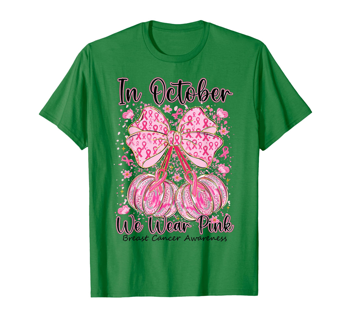 Coquette Bow Pumpkin in October We Wear Pink Breast Cancer T-Shirt