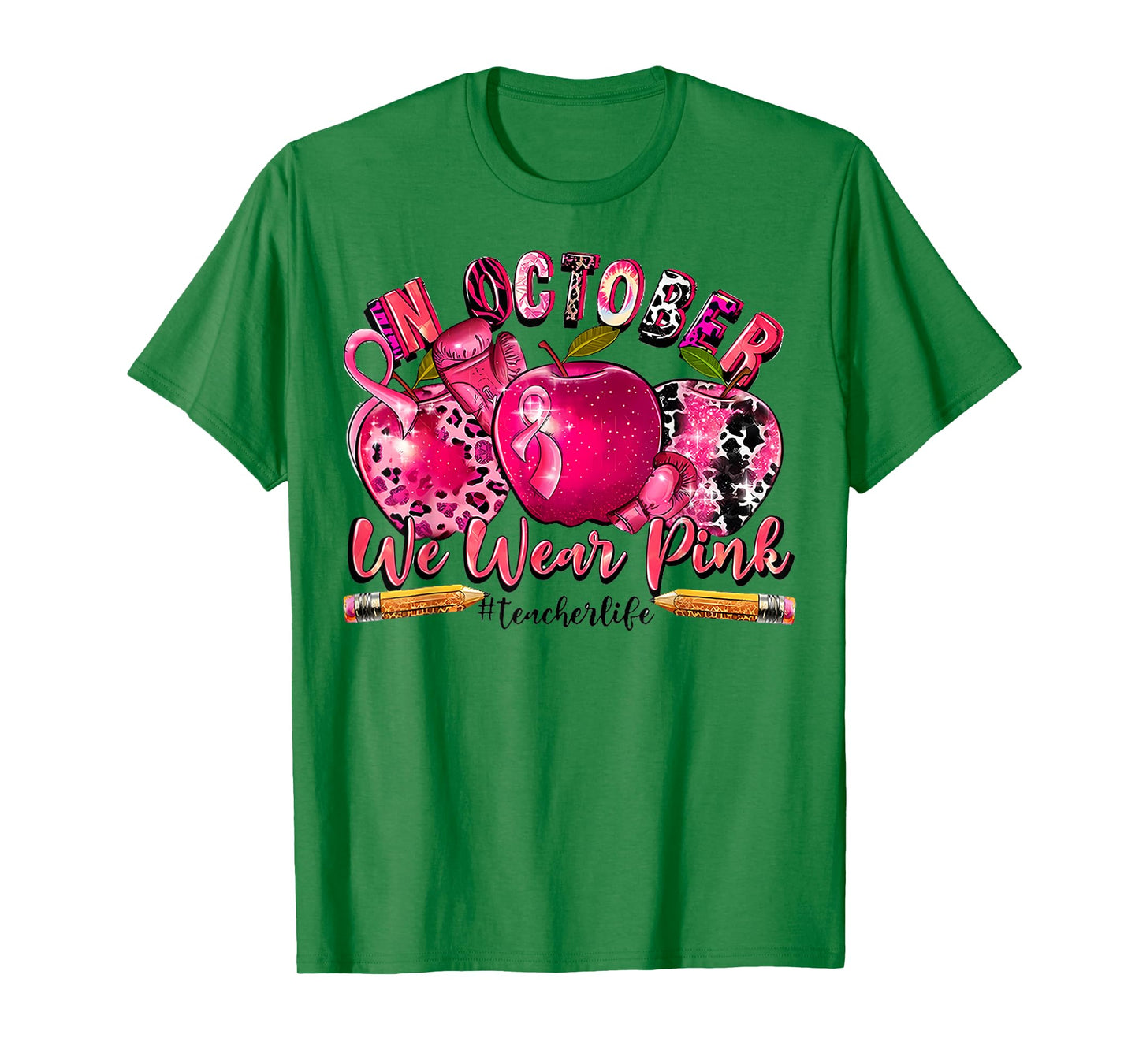 In October We Wear Pink Teacher Apple Breast Cancer Month T-Shirt
