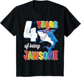 Kids 4 Year Old Shirt Boys Girls JawSome Shark 4th Birthday T-Shirt