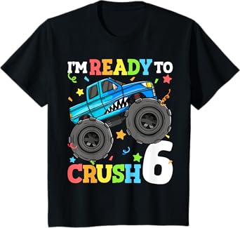 Kids Monster Truck Shark 6th Birthday Boy 6 Six Year Old T-Shirt