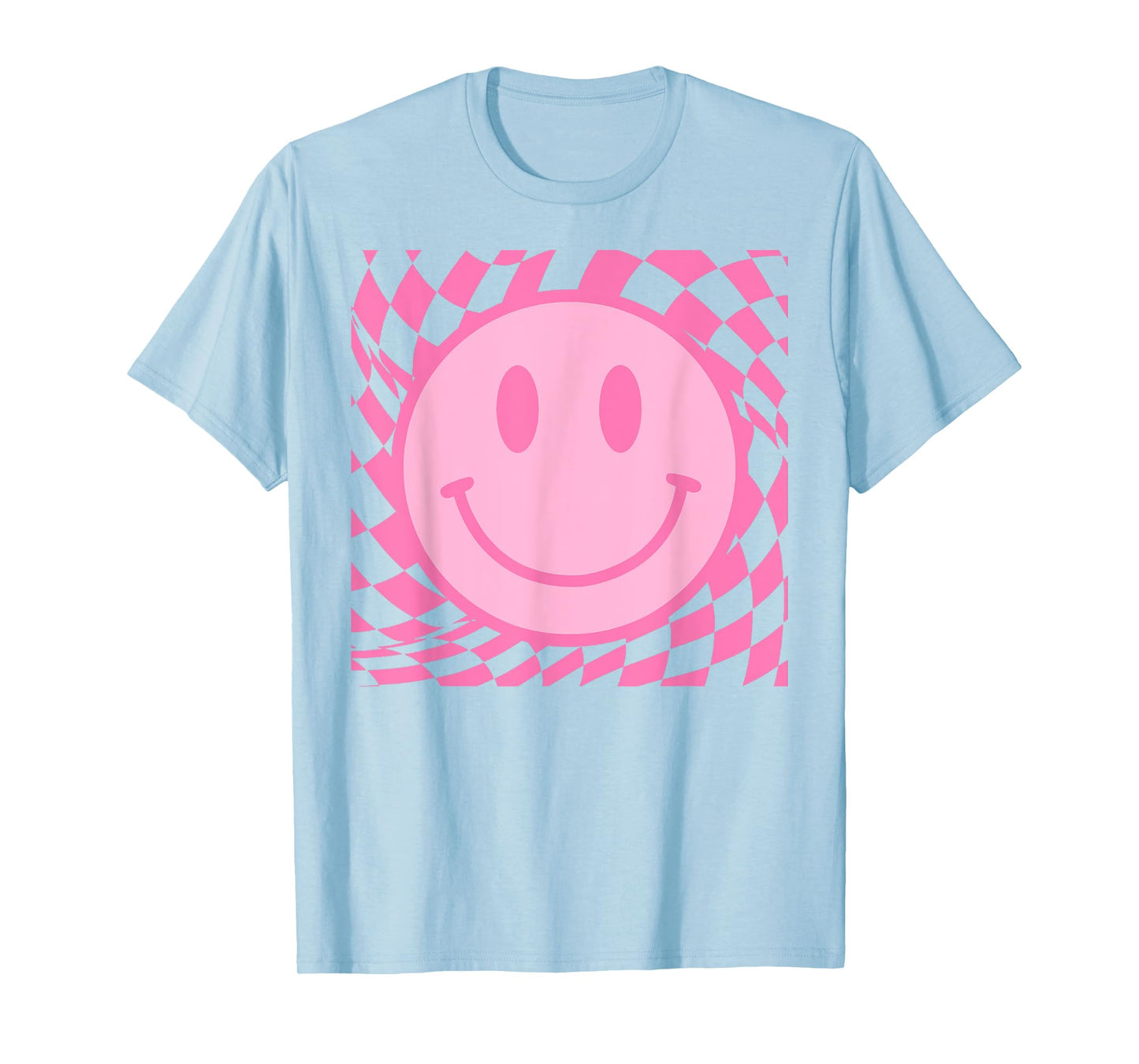 Retro Happy Smile Face Smiling Checkered Pattern Pink Trendy T-Shirt