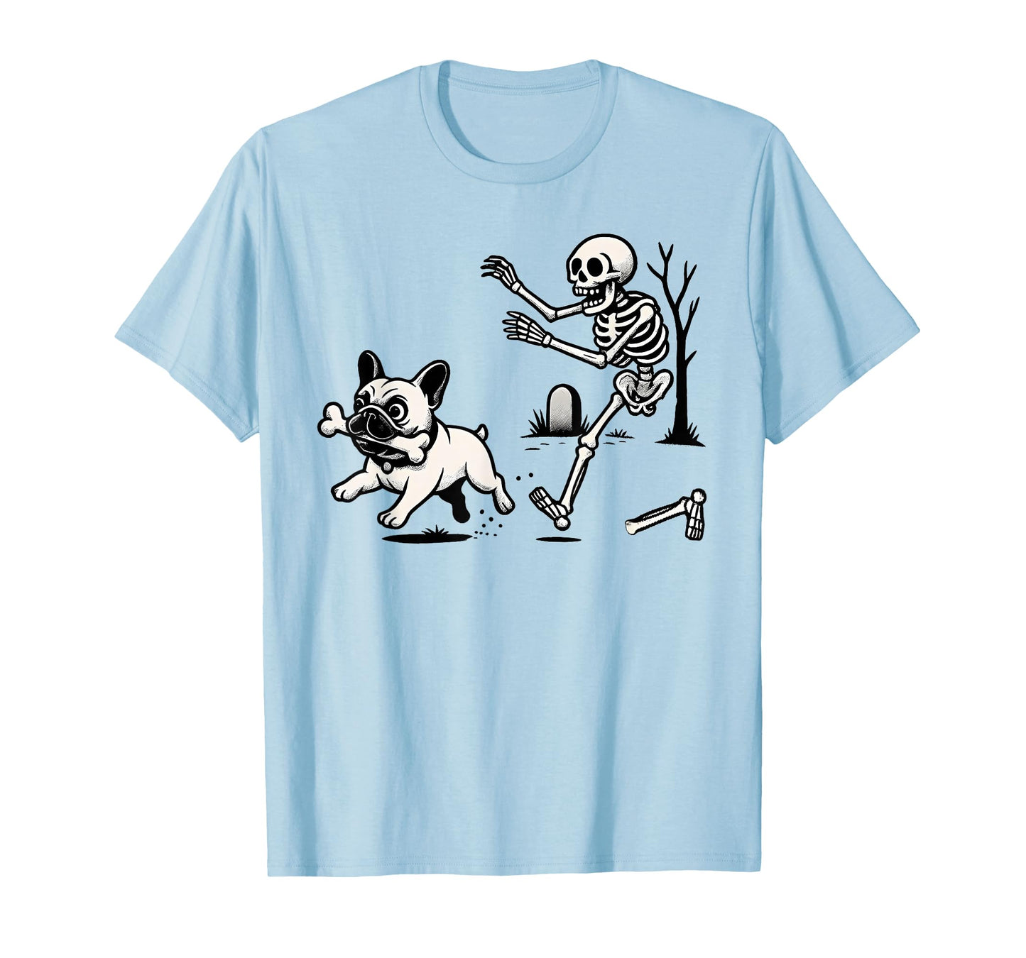 Funny Halloween French Bulldog Steals Bone from Skeleton T-Shirt