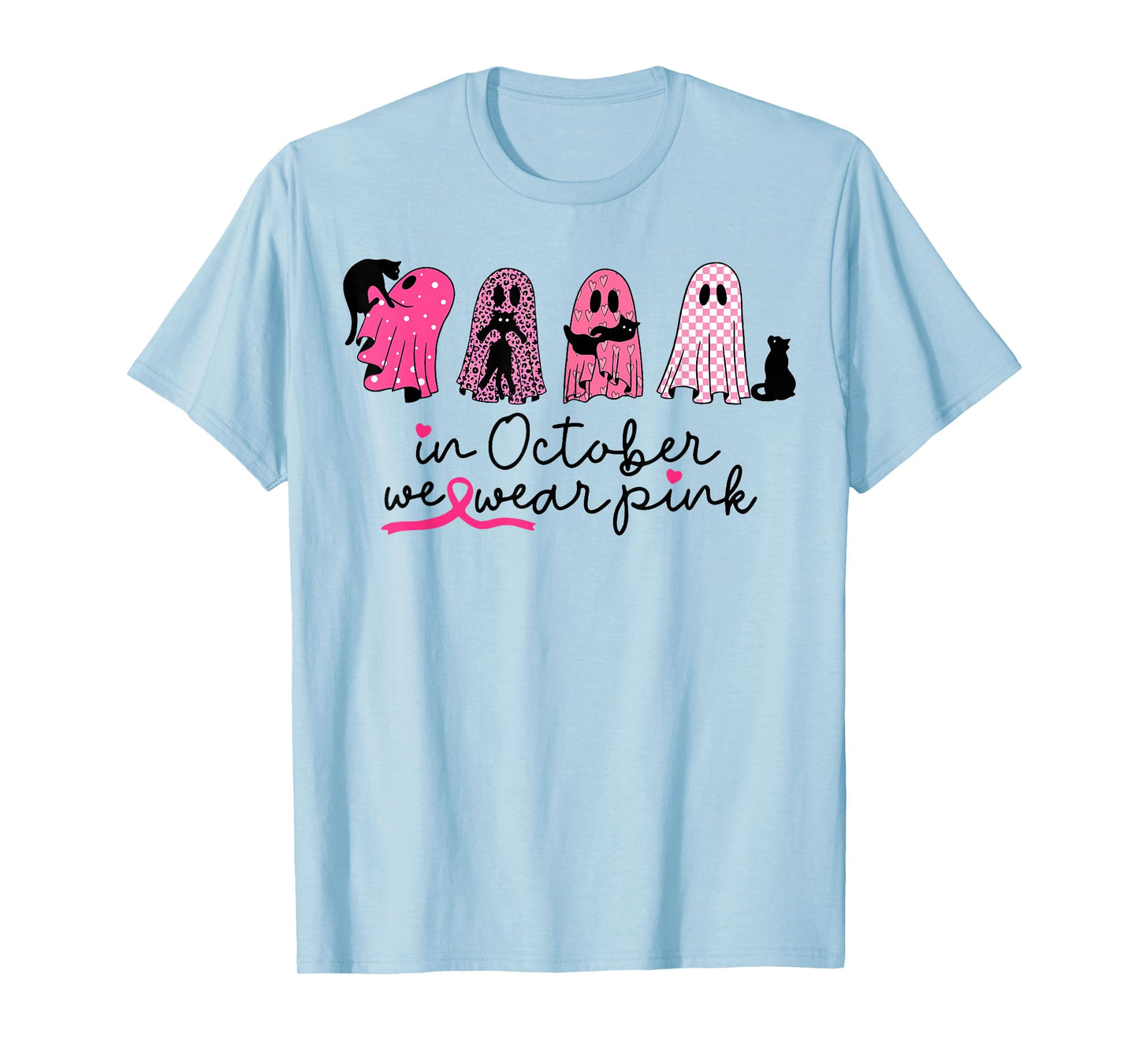 in October We Wear Pink Ghost Cat Halloween Breast Cancer T-Shirt