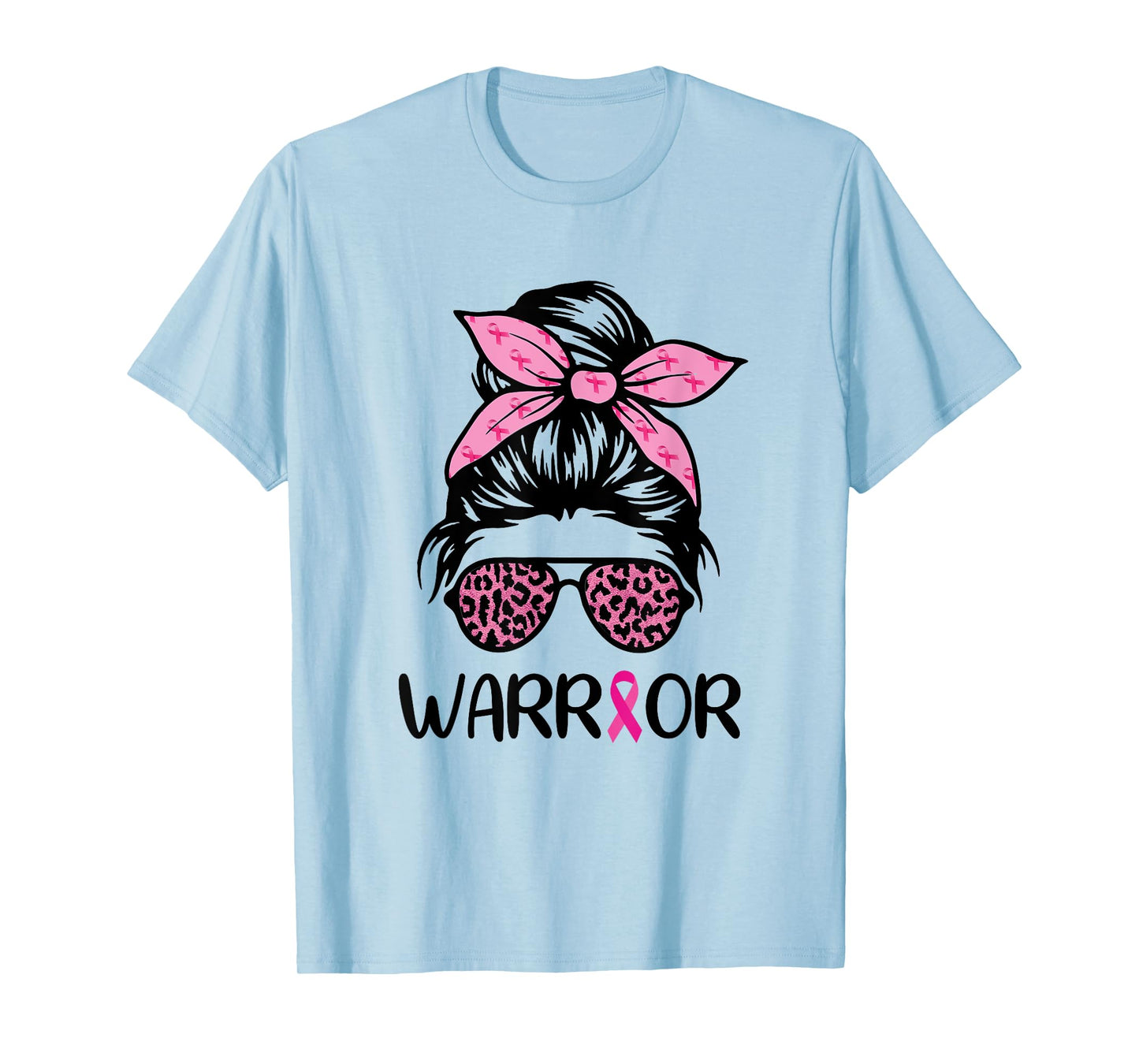 Warrior Breast Cancer Awareness Messy Bun Leopard Pink T-Shirt