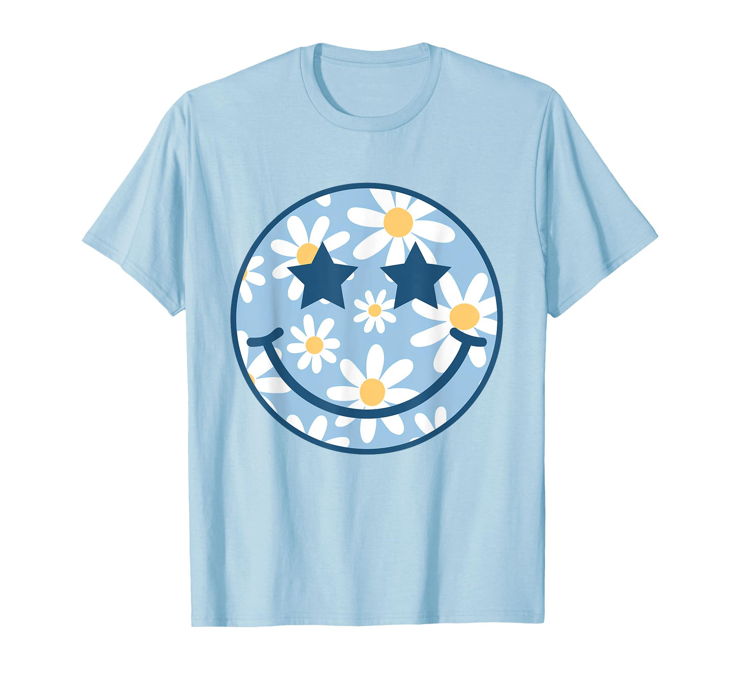Retro Blue Happy Face Checkered Pattern Smile Face Trendy T-Shirt