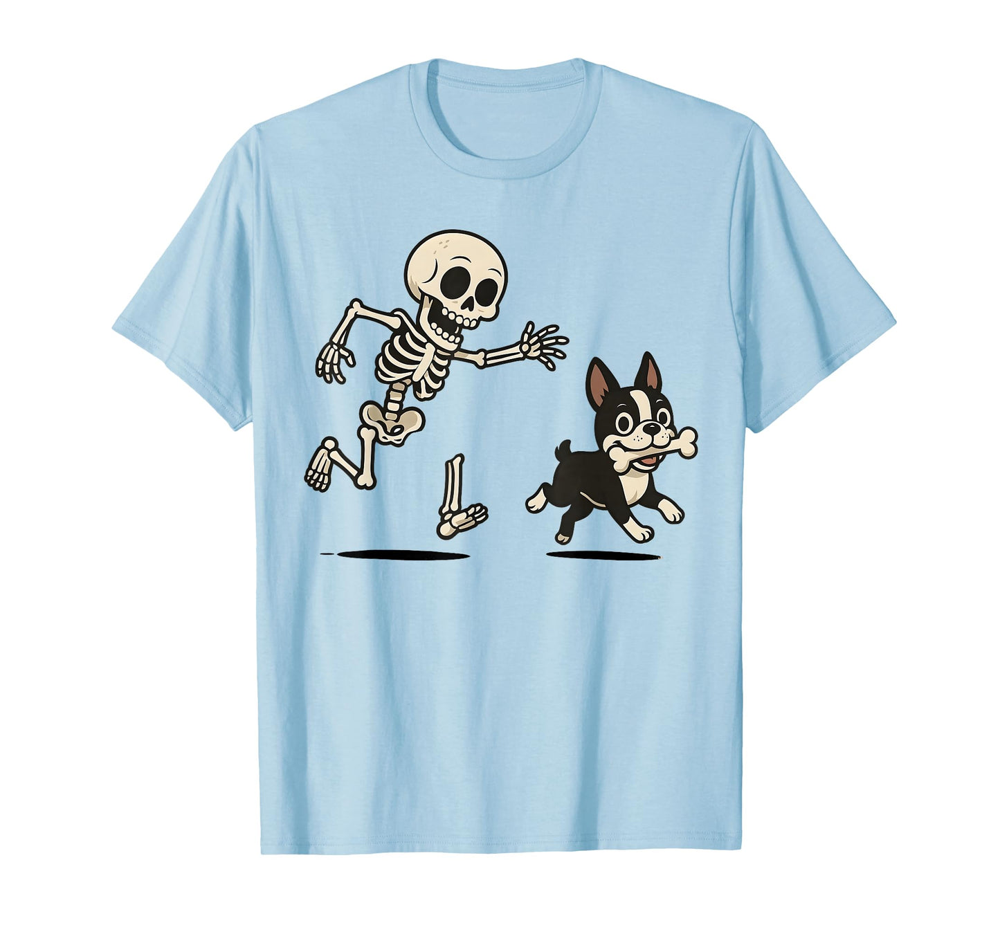 Skeleton Chasing Dog Boston Terrier Halloween Mom Pet Lover T-Shirt