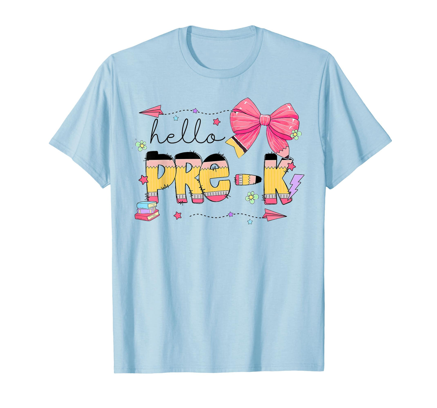 Back To School Hello Pre-k Teacher Coquette Pencil Bow T-Shirt
