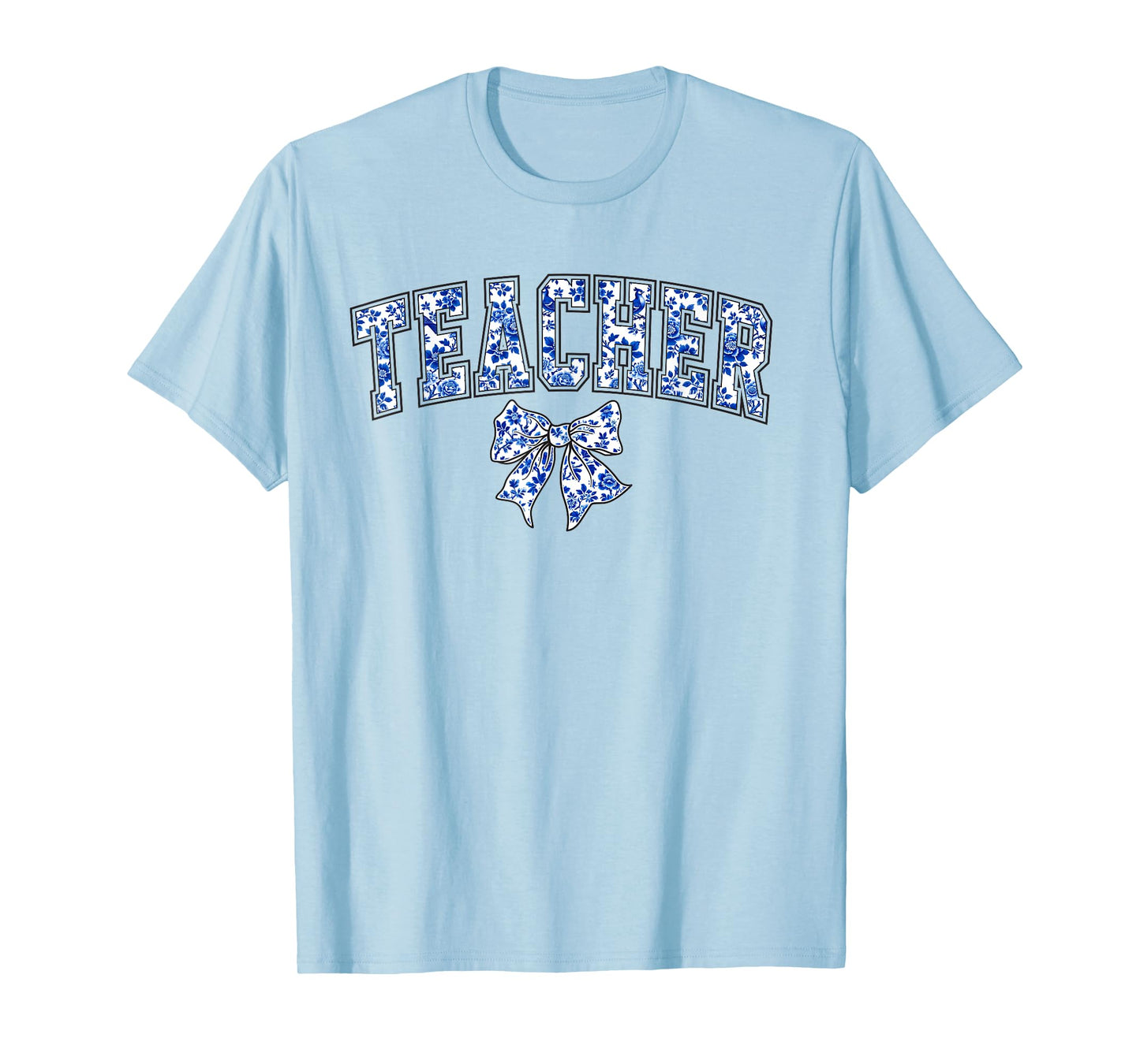 Teach Chinoiserie Blue Coquette Bow Floral Teacher T-Shirt