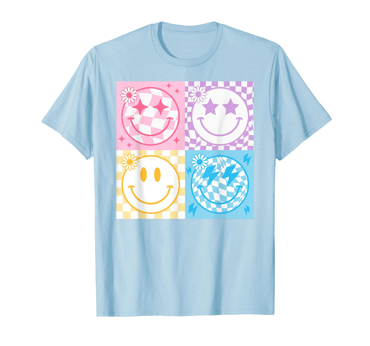 Happy Face Smile Checkered Pattern Retro Vibes Trendy Funny T-Shirt