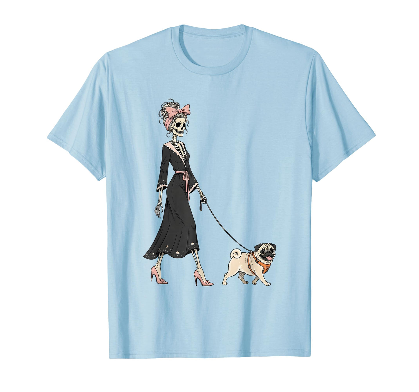 Skeleton Pug Walking Halloween Women T-Shirt