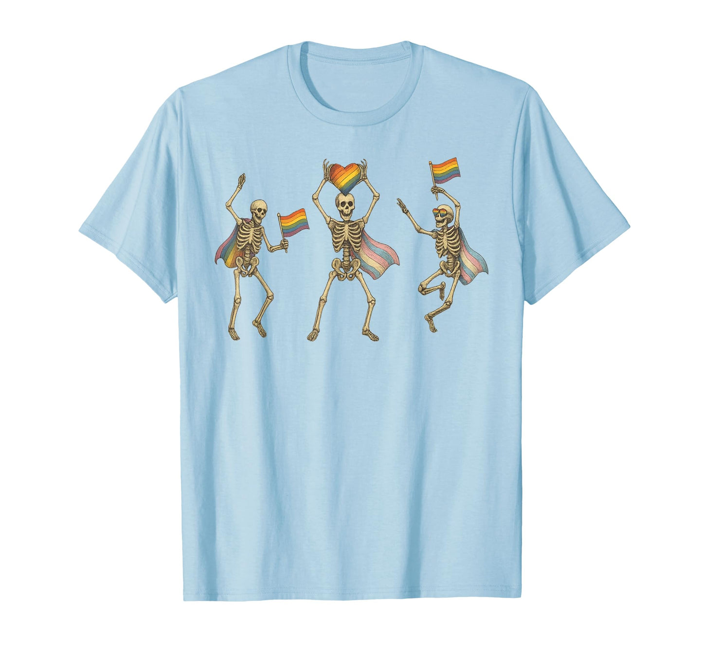 Pride Cute Spooky Skeleton Holding Rainbow Flags Retro Art T-Shirt