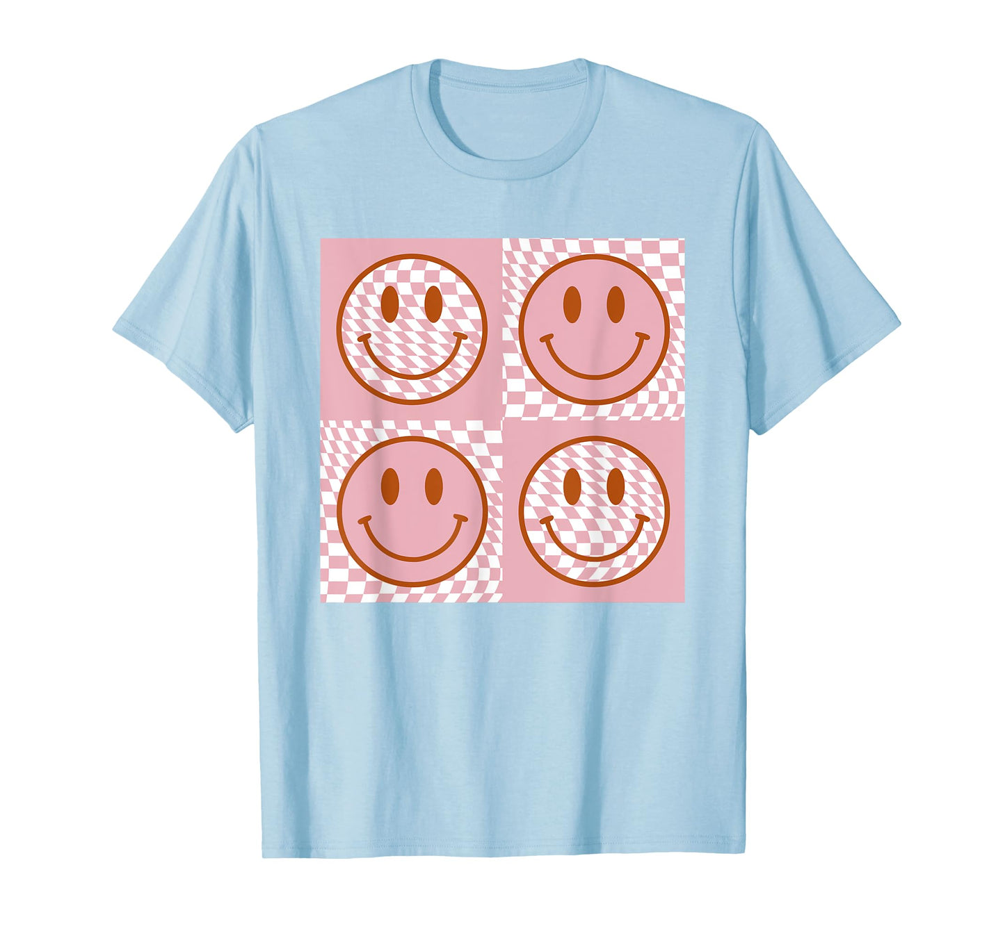 Checkered Pattern Happy Face Shirt Retro Pink Smile Face T-Shirt