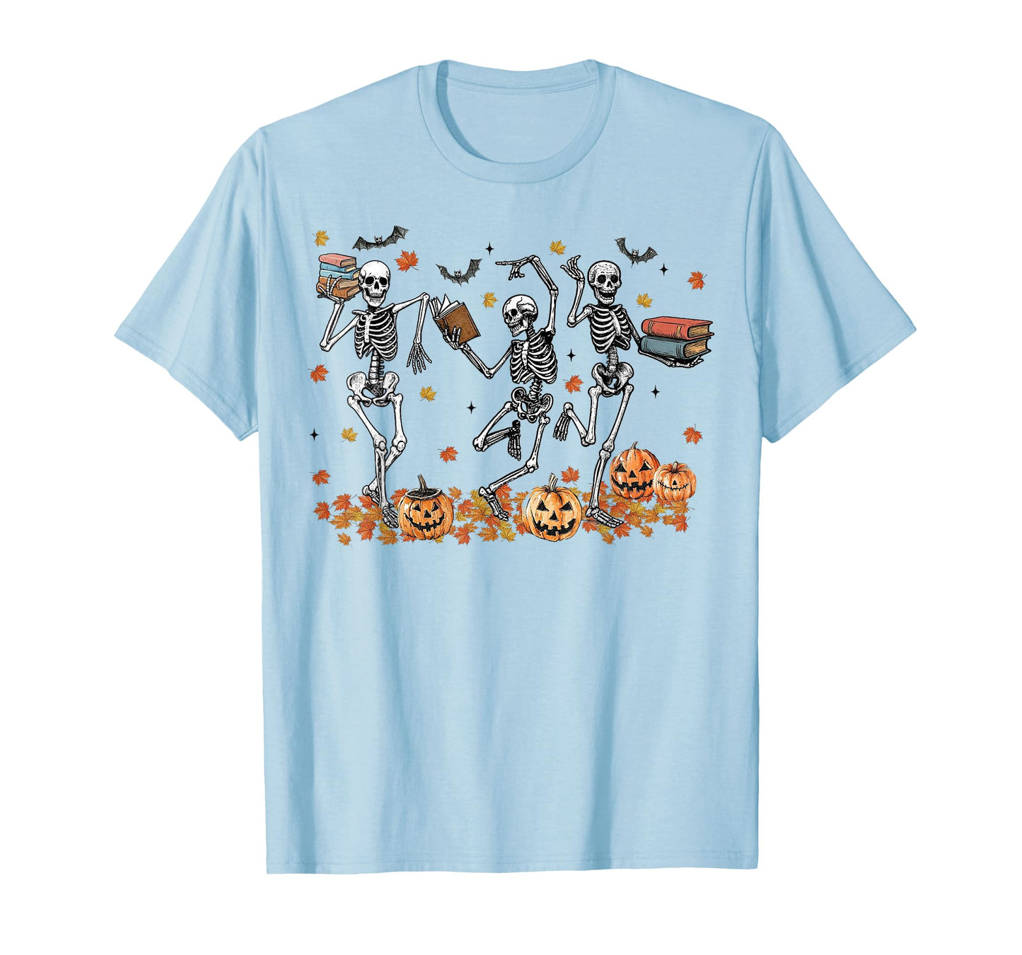 Funny Halloween Skeleton Dancing Spooky Books and Pumpkins T-Shirt