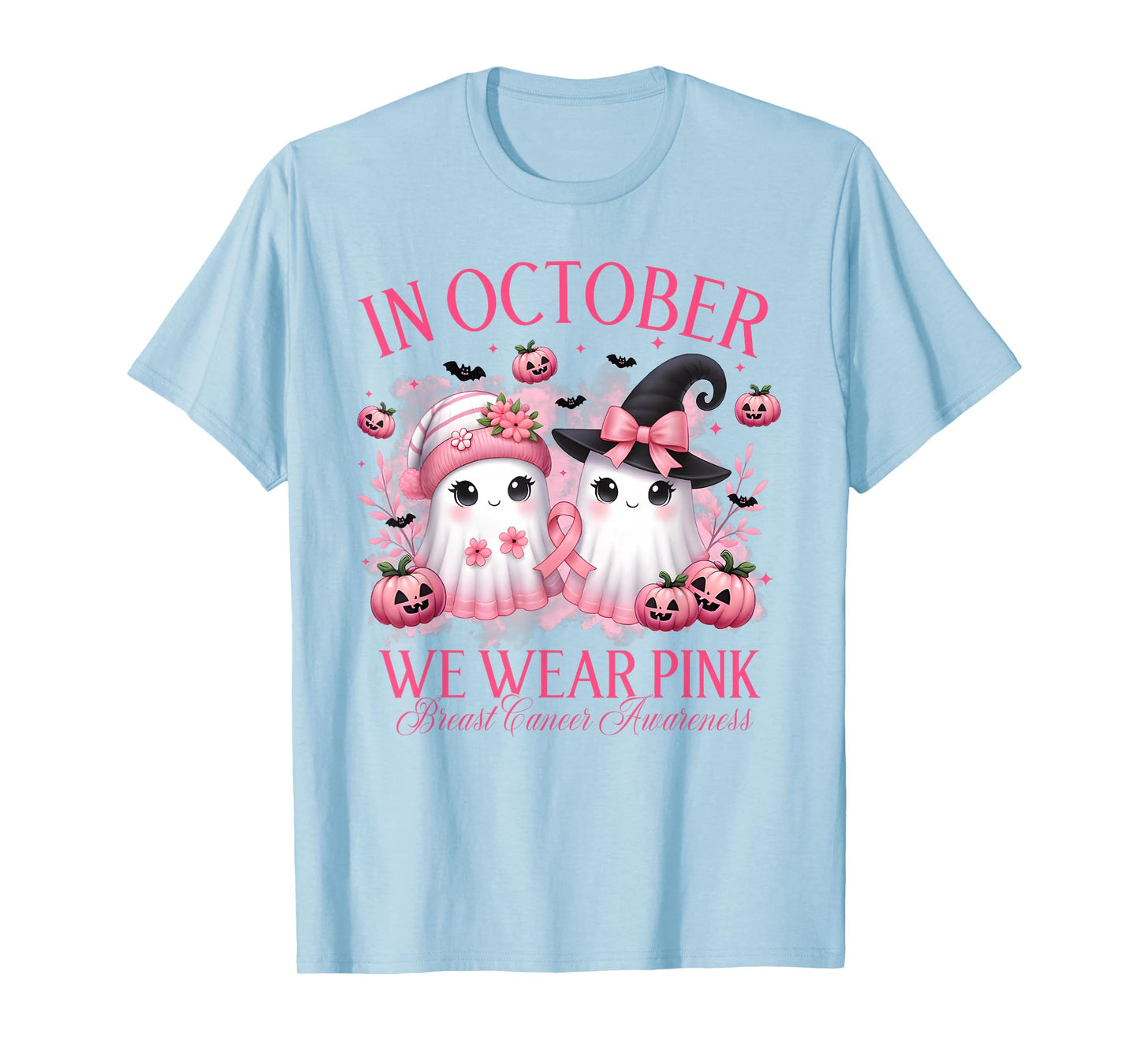 in October We Wear Pink Ghost Witch Breast Cancer Awareness T-Shirt