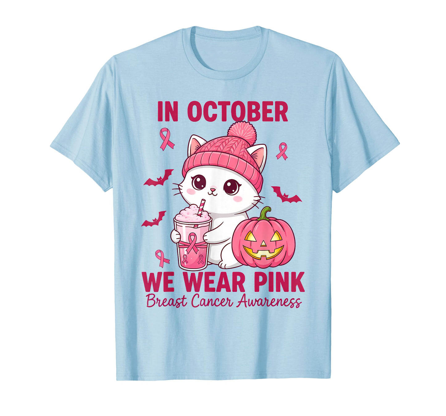 in October We Wear Pink Cat Breast Cancer Awareness T-Shirt