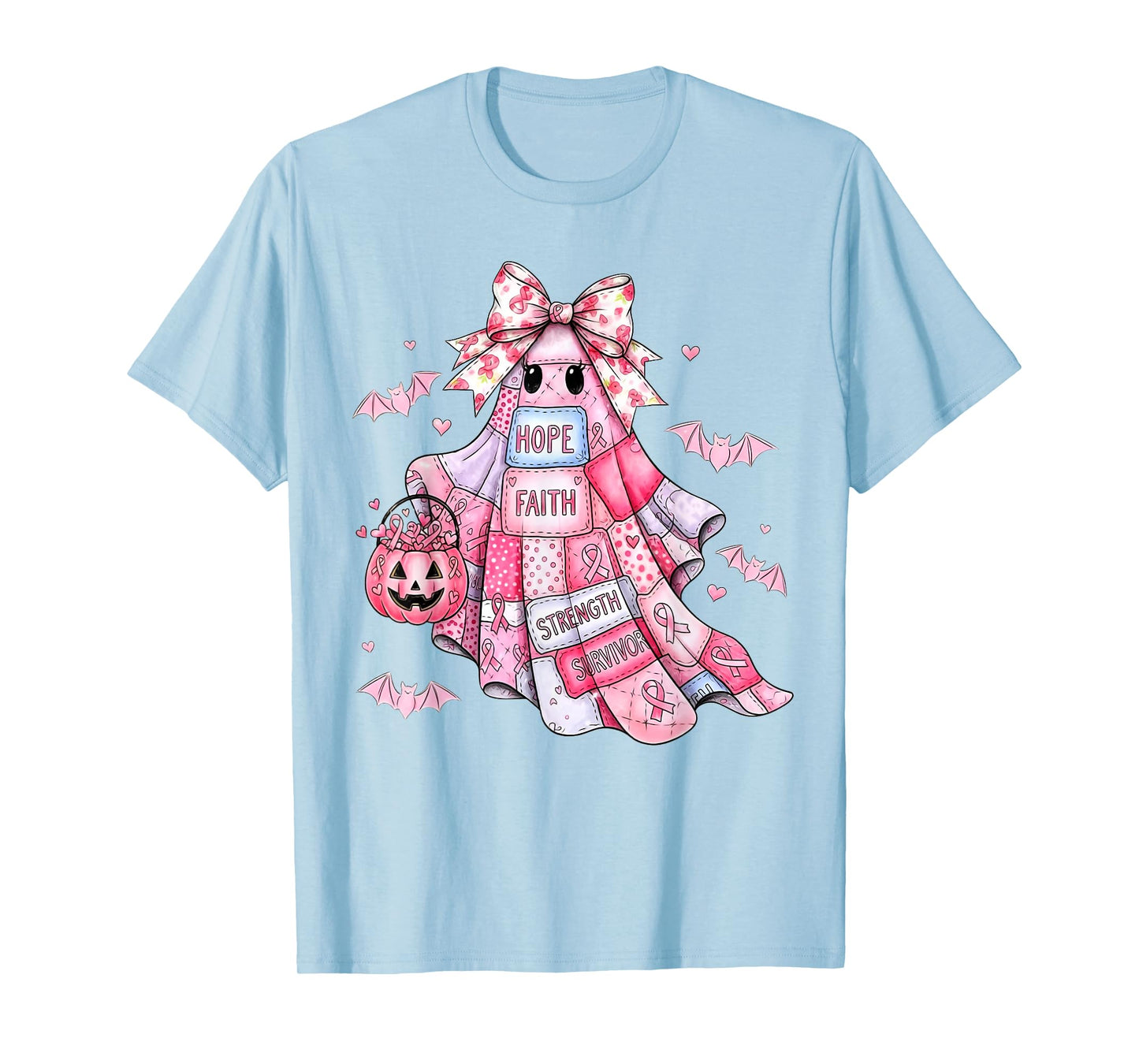 Patchwork Coquette Bow Breast Cancer Ghost Halloween Denim T-Shirt