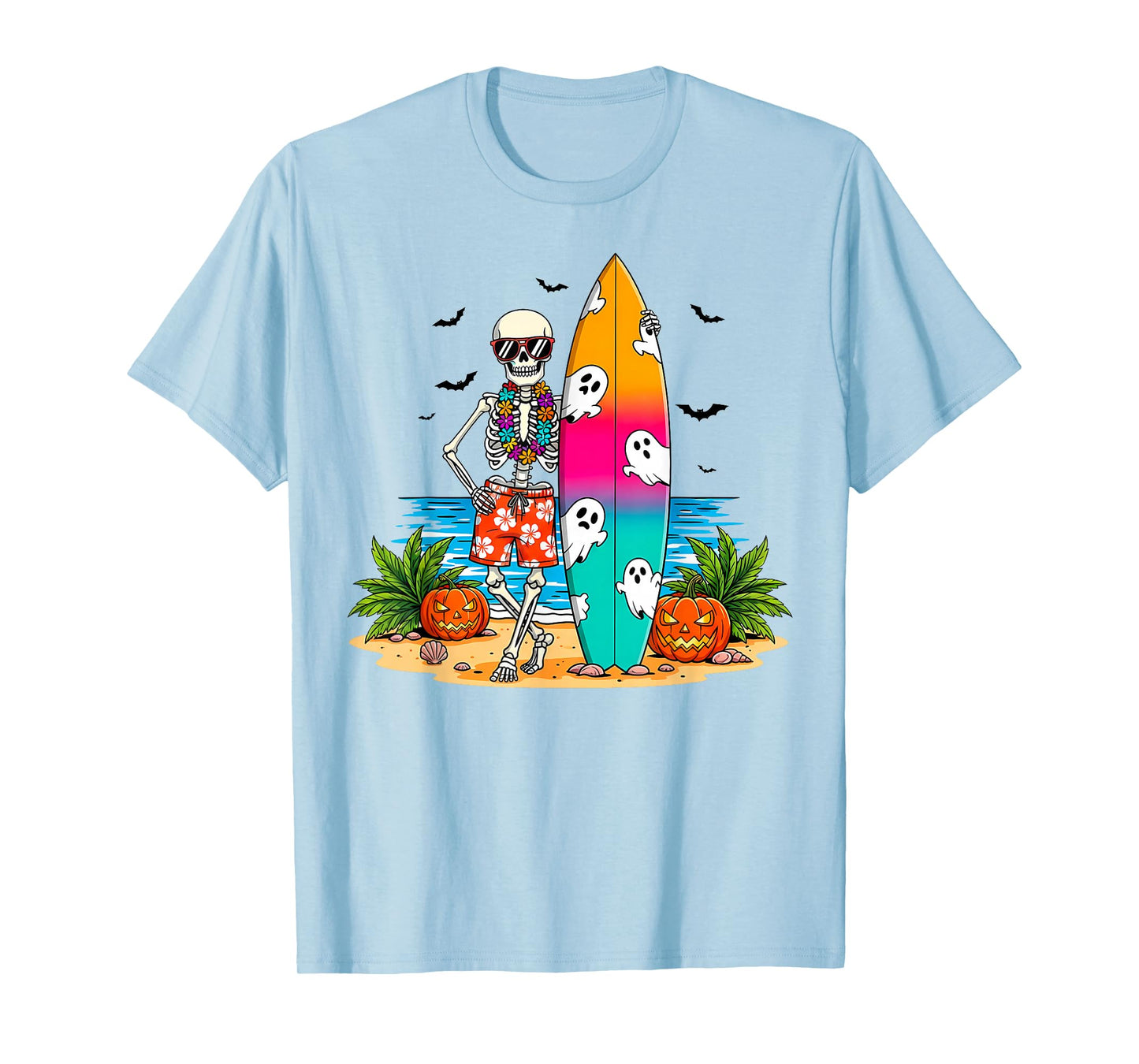 Halloween Skeleton with Surfboard Surfer Summer Beach Hawaii T-Shirt
