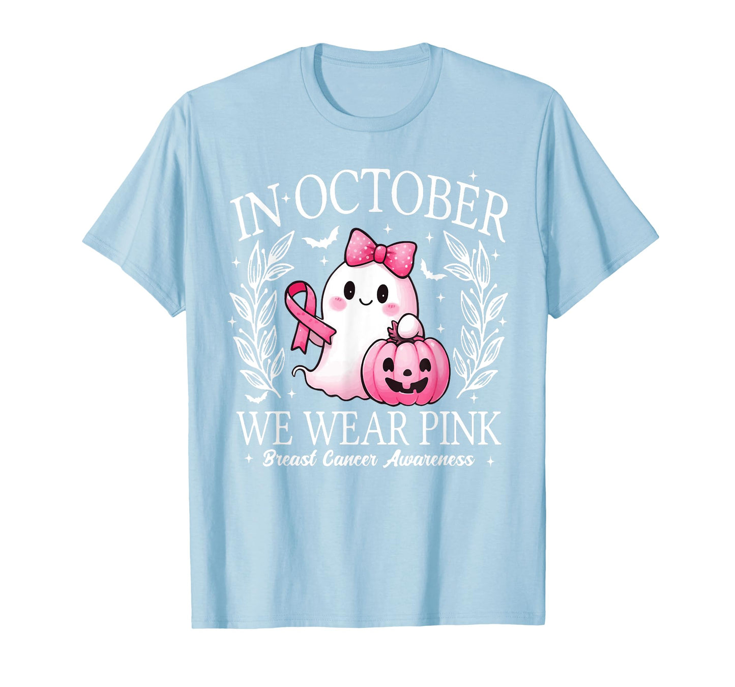 in October We Wear Pink Ghost Witch Breast Cancer Awareness T-Shirt