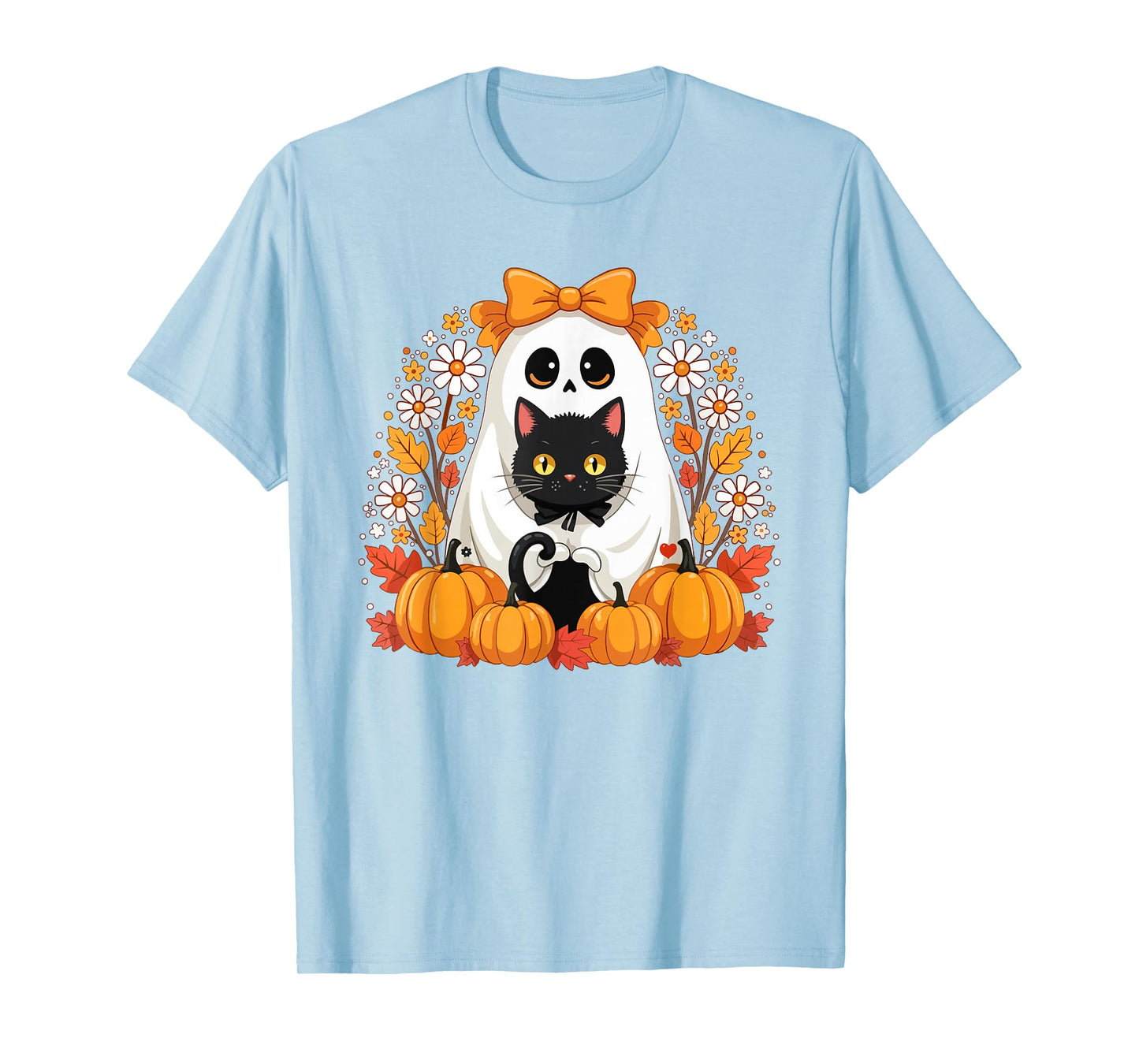 Aesthetic Flower Ghost Holding Black Cat Halloween Women T-Shirt